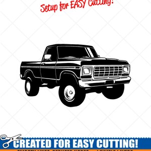 Könnte beinhalten: Schwarz-weiße Silhouette eines Pick-up-Trucks. Das Bild enthält den Text "Setup for EASY Cutting!" und "CREATED FOR EASY CUTTING!" Der Text unter dem LKW lautet "SMOOTH LINES, REDUCED NODES and SIMPLE LAYERS WITHOUT CROSSING LINES RESULTS IN PERFECT CUTS! Our DXF files are specifically optimised for CNC cutting! ALL ARTWORK IS SIGN READY VECTOR ART"