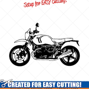 May include: Black and white line art illustration of a motorcycle. The image is labeled "Setup for EASY Cutting!" and "CREATED FOR EASY CUTTING!" with the text "SMOOTH LINES, REDUCED NODES and SIMPLE LAYERS WITHOUT CROSSING LINES RESULTS IN PERFECT CUTS! Our DXF files are specifically optimized for CNC cutting! ALL ARTWORK IS SIGN READY VECTOR ART".