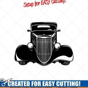 May include: Black and white silhouette of a vintage car, with the text "Setup for EASY Cutting!" and "CREATED FOR EASY CUTTING!"  "SMOOTH LINES, REDUCED NODES and SIMPLE LAYERS WITHOUT CROSSING LINES RESULTS IN PERFECT CUTS!"  "Our DXF files are specifically optimized for CNC cutting!"  "ALL ARTWORK IS SIGN READY VECTOR ART"