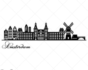 Amsterdam City Skyline Clipart-Vector Clip Art Graphics-Digital Download-Cut Ready Files-CNC-Cityscape Vinyl Sign Design-eps, ai,svg,dxf,png