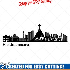 May include: Black and white silhouette of the Rio de Janeiro skyline, including Christ the Redeemer statue, Sugarloaf Mountain, and other landmarks. The text "Setup for EASY Cutting!" and "CREATED FOR EASY CUTTING!" is at the top and bottom of the image. The text "SMOOTH LINES, REDUCED NODES and SIMPLE LAYERS WITHOUT CROSSING LINES RESULTS IN PERFECT CUTS!" is below the skyline. The text "Our DXF files are specifically optimized for CNC cutting!" is below the previous text. The text "ALL ARTWORK IS © SIGN READY VECTOR ART" is at the bottom of the image.