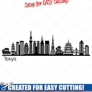 以下が含まれることがあります： 東京のスカイラインの白黒シルエット。東京スカイツリー、東京タワー、その他の象徴的な建物が含まれています。テキスト「東京」はスカイラインの下にあります。テキスト「Setup for EASY Cutting!」は画像の上部にあります。テキスト「CREATED FOR EASY CUTTING!」は画像の下部にあります。テキスト「SMOOTH LINES, REDUCED NODES and SIMPLE LAYERS WITHOUT CROSSING LINES RESULTS IN PERFECT CUTS!」はテキスト「CREATED FOR EASY CUTTING!」の下にあります。テキスト「Our DXF files are specifically optimized for CNC cutting!」はテキスト「SMOOTH LINES, REDUCED NODES and SIMPLE LAYERS WITHOUT CROSSING LINES RESULTS IN PERFECT CUTS!」の下にあります。テキスト「ALL ARTWORK IS SIGN READY VECTOR ART」はテキスト「Our DXF files are specifically optimized for CNC cutting!」の下にあります。