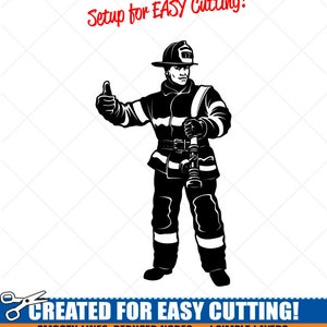 Fireman with Fire Hose Clipart-Vector Clip Art Graphics-Cut Ready Files-CNC-Fire Firefighter Vinyl Sign Design-Logo-eps, ai, svg, dxf, png