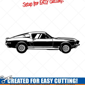 May include: Black and white silhouette of a classic car, a 1960s Ford Mustang, with the text "Setup for EASY Cutting!" and "CREATED FOR EASY CUTTING!"  "SMOOTH LINES, REDUCED NODES and SIMPLE LAYERS WITHOUT CROSSING LINES RESULTS IN PERFECT CUTS!"  "Our DXF files are specifically optimized for CNC cutting!"  "ALL ARTWORK IS SIGN READY VECTOR ART"