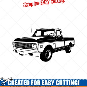 May include: Black and white line art illustration of a vintage pickup truck. The image is labeled "Setup for EASY Cutting!" and "CREATED FOR EASY CUTTING!" with the text "SMOOTH LINES, REDUCED NODES and SIMPLE LAYERS WITHOUT CROSSING LINES RESULTS IN PERFECT CUTS! Our DXF files are specifically optimized for CNC cutting! ALL ARTWORK IS © SIGN READY VECTOR ART".