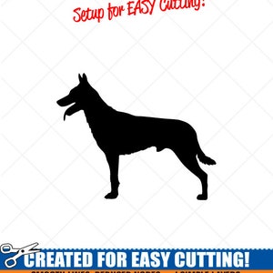 May include: Black silhouette of a German Shepherd dog, ready for easy cutting with a CNC machine. The image includes the text "Setup for EASY Cutting!" and "CREATED FOR EASY CUTTING!" with the tagline "SMOOTH LINES, REDUCED NODES and SIMPLE LAYERS WITHOUT CROSSING LINES RESULTS IN PERFECT CUTS! Our DXF files are specifically optimized for CNC cutting! ALL ARTWORK IS SIGN READY VECTOR ART".