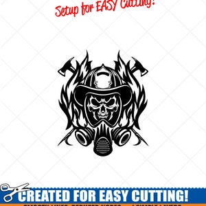 May include: Black and white vector illustration of a skull wearing a firefighter helmet and gas mask with crossed axes behind the head. The skull is surrounded by flames. The text "Setup for EASY Cutting!" is at the top of the image. The text "CREATED FOR EASY CUTTING!" is at the bottom of the image. The text "SMOOTH LINES, REDUCED NODES and SIMPLE LAYERS WITHOUT CROSSING LINES RESULTS IN PERFECT CUTS!" is below the text "CREATED FOR EASY CUTTING!" The text "Our DXF files are specifically optimized for CNC cutting!" is below the text "SMOOTH LINES, REDUCED NODES and SIMPLE LAYERS WITHOUT CROSSING LINES RESULTS IN PERFECT CUTS!" The text "ALL ARTWORK IS © SIGN READY VECTOR ART" is below the text "Our DXF files are specifically optimized for CNC cutting!"