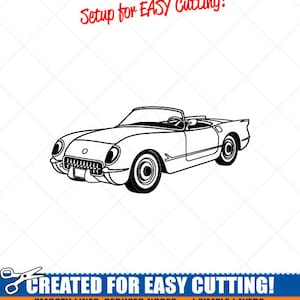 May include: Black and white line art illustration of a classic convertible car. The image includes the text "Setup for EASY Cutting!" and "CREATED FOR EASY CUTTING!"  The text also says "SMOOTH LINES, REDUCED NODES and SIMPLE LAYERS WITHOUT CROSSING LINES RESULTS IN PERFECT CUTS!" and "Our DXF files are specifically optimized for CNC cutting!"  "ALL ARTWORK IS SIGN READY VECTOR ART"
