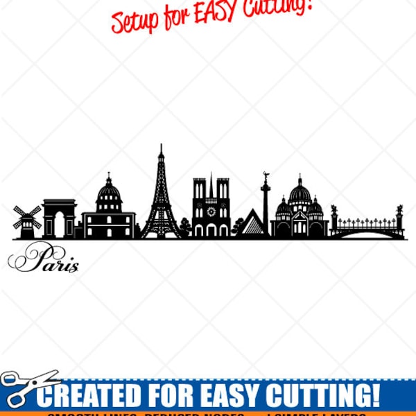 Paris City Skyline Clipart-Vector Clip Art Graphics-Digital Download-Cut Ready Files-CNC-Cityscape Vinyl Sign Design -eps, ai, svg, dxf, png