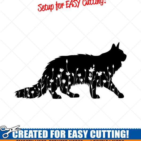 Long Haired Cat SVG-Floral Flower Clipart-Vector Clip Art Graphics Silhouette Image-Cut Ready Files-Vinyl Sign Design-eps, ai, dxf, png, pdf