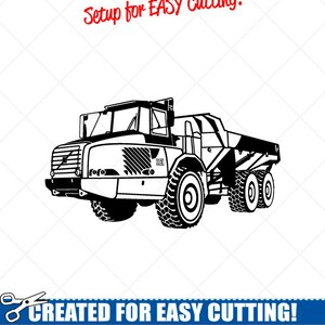 以下が含まれることがあります： ダンプトラックの白黒の線画イラスト。画像は「Setup for EASY Cutting!」と「CREATED FOR EASY CUTTING!」というラベルが貼られており、「SMOOTH LINES, REDUCED NODES and SIMPLE LAYERS WITHOUT CROSSING LINES RESULTS IN PERFECT CUTS! Our DXF files are specifically optimised for CNC cutting! ALL ARTWORK IS © SIGN READY VECTOR ART」というテキストが書かれています。