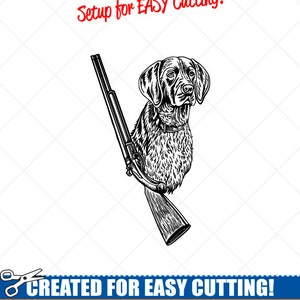 May include: Black and white illustration of a hunting dog with a shotgun. The image is optimized for easy cutting with smooth lines, reduced nodes, and simple layers. The text "Setup for EASY Cutting!" and "CREATED FOR EASY CUTTING!" is included in the image.