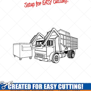 Pode incluir: Ilustração em preto e branco de um caminhão de lixo com um caixote do lixo. O texto "Setup for EASY Cutting!" está no topo da imagem. O texto "CREATED FOR EASY CUTTING!" está na parte inferior da imagem. O texto "SMOOTH LINES, REDUCED NODES and SIMPLE LAYERS WITHOUT CROSSING LINES RESULTS IN PERFECT CUTS!" está abaixo do texto "CREATED FOR EASY CUTTING!". O texto "Our DXF files are specifically optimized for CNC cutting!" está abaixo do texto "SMOOTH LINES, REDUCED NODES and SIMPLE LAYERS WITHOUT CROSSING LINES RESULTS IN PERFECT CUTS!". O texto "ALL ARTWORK IS SIGN READY VECTOR ART" está abaixo do texto "Our DXF files are specifically optimized for CNC cutting!"
