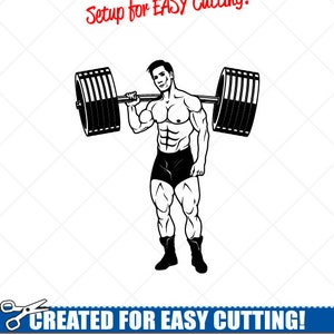 May include: Black and white vector illustration of a weightlifter lifting a barbell. The image is labeled "Setup for EASY Cutting!" and "CREATED FOR EASY CUTTING!" with the text "SMOOTH LINES, REDUCED NODES and SIMPLE LAYERS WITHOUT CROSSING LINES RESULTS IN PERFECT CUTS! Our DXF files are specifically optimized for CNC cutting! ALL ARTWORK IS SIGN READY VECTOR ART".