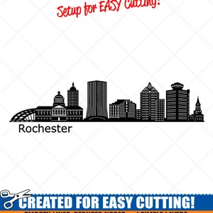 May include: Black and white silhouette of the Rochester, New York skyline. The text "Setup for EASY Cutting!" is at the top of the image. The text "CREATED FOR EASY CUTTING!" is at the bottom of the image. The text "SMOOTH LINES, REDUCED NODES and SIMPLE LAYERS WITHOUT CROSSING LINES RESULTS IN PERFECT CUTS!" is below the text "CREATED FOR EASY CUTTING!" The text "Our DXF files are specifically optimized for CNC cutting!" is below the text "SMOOTH LINES, REDUCED NODES and SIMPLE LAYERS WITHOUT CROSSING LINES RESULTS IN PERFECT CUTS!" The text "ALL ARTWORK IS © SIGN READY VECTOR ART" is below the text "Our DXF files are specifically optimized for CNC cutting!"