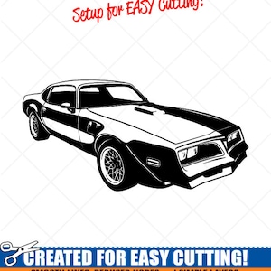 May include: Black and white vector graphic of a classic muscle car with a black stripe down the center. The text "Setup for EASY Cutting!" is above the car. Below the car is the text "CREATED FOR EASY CUTTING!"
