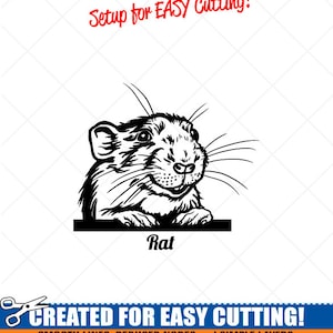 May include: Black and white line art illustration of a rat peeking over a sign that says "Rat". The image is labeled "Setup for EASY Cutting!" and "CREATED FOR EASY CUTTING!" with the text "SMOOTH LINES, REDUCED NODES and SIMPLE LAYERS WITHOUT CROSSING LINES RESULTS IN PERFECT CUTS! Our DXF files are specifically optimized for CNC cutting! ALL ARTWORK IS © SIGN READY VECTOR ART".