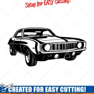 May include: Black and white silhouette of a classic car, a Chevrolet Camaro, with the text "Setup for EASY Cutting!" and "CREATED FOR EASY CUTTING!"  "SMOOTH LINES, REDUCED NODES and SIMPLE LAYERS WITHOUT CROSSING LINES RESULTS IN PERFECT CUTS!"  "Our DXF files are specifically optimized for CNC cutting!"  "ALL ARTWORK IS © SIGN READY VECTOR ART"