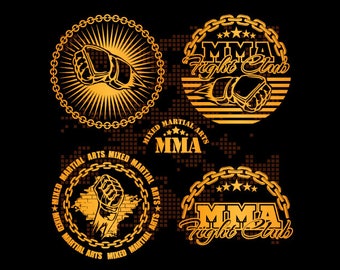 May include: Four gold-colored MMA fight club logos with chain link borders. The logos feature a fist, a gloved hand, and the text "MMA Fight Club".