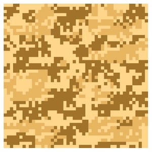 May include: A digital camouflage pattern in shades of brown and beige. The pattern is made up of small squares and rectangles.