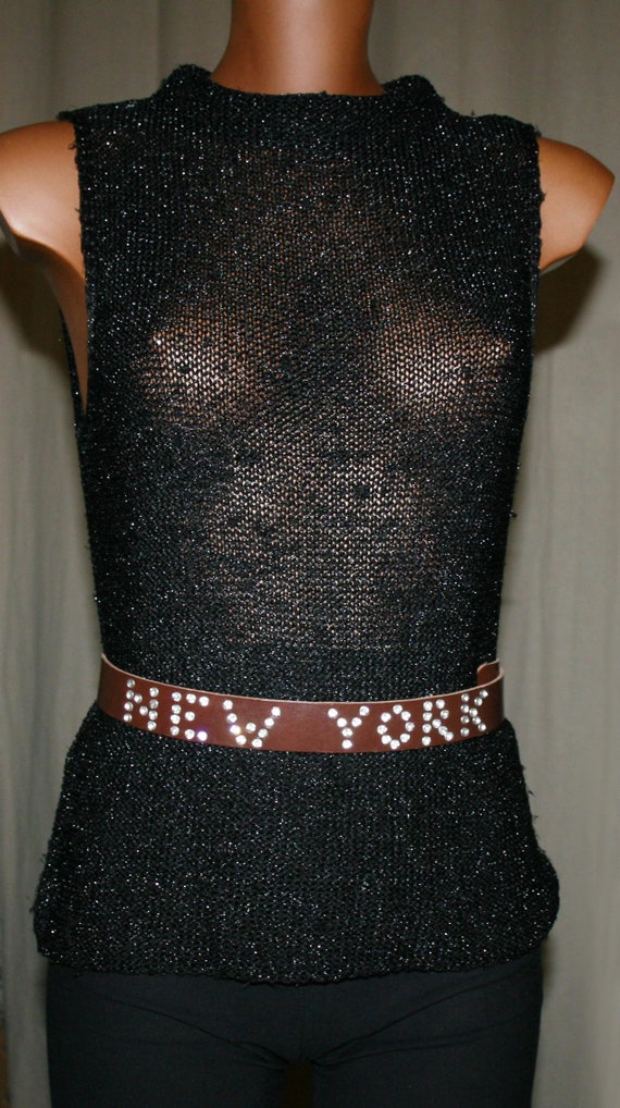 VINTAGE 80s New York LEATHER BELT/ Rhinestones bel