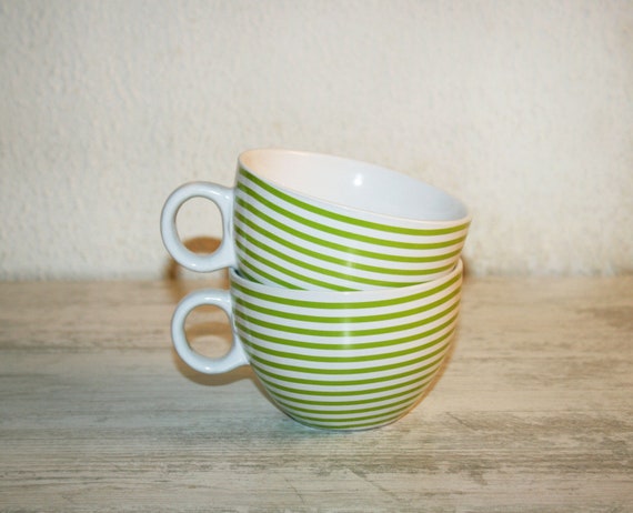 2 tazas de desayuno grandes, cerámica blanca, líneas horizontales verdes,  asa para agarrar, vajilla, tazas de té, regalo para ella -  España