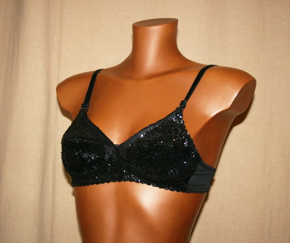 BRA in Black Sequin/teenagers Clothing/ Evening Bra /disco Bra/ Belly Dance  Bra/ Gift for Her/ Christmas Gift/vintage 85s 