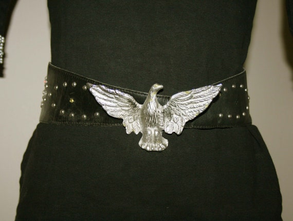 Black BELT LEATHER, eagle buckle / wide belt/ hip… - image 2