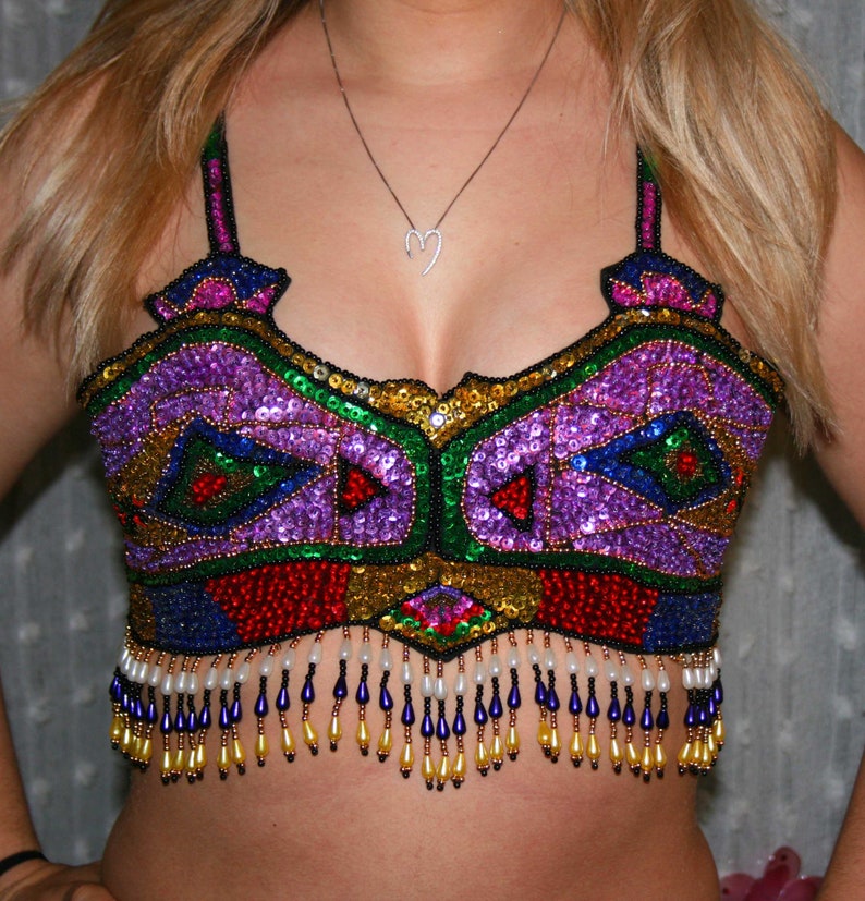 Beautiful VINTAGE CORSET TOP beads and multicolored rhinestones vintage 85ssummer corsetGift for hersequin top