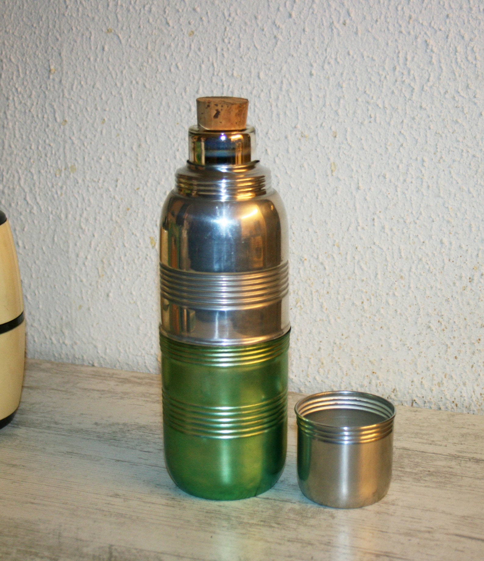 Thermos Bottle 1960 Aluminum Cork Stopper Outdoor Picnics country