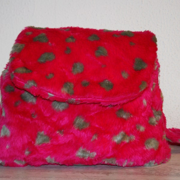 Sac en fourrure synthétique/ couleur fuchsia / effet tacheté/ Vintage 85s TRÈS DIFFICILE à TROUVER /Made in Italy/ Sacs unisexes/Cadeau intemporel/