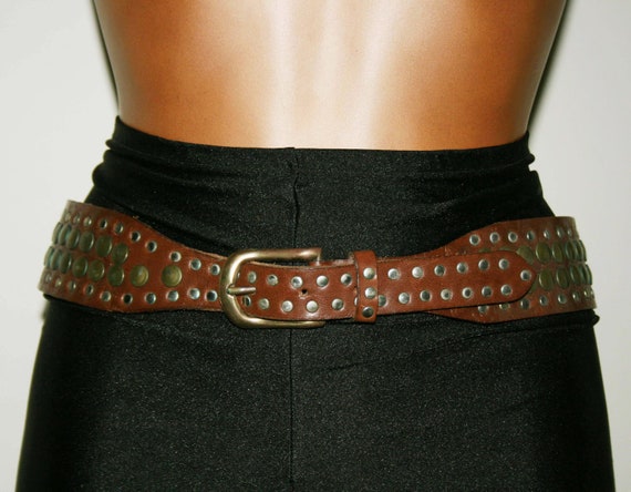 VINTAGE 80s Brown LEATHER BELT/ Studs belt/Leather