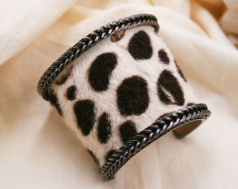 faux cheetah calf hair on silvertone cuff bracelet