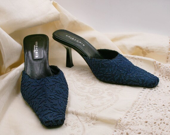 blue heeled mules