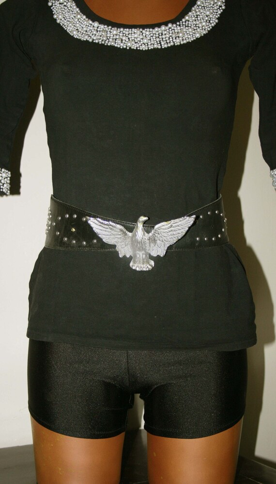 Black BELT LEATHER, eagle buckle / wide belt/ hip… - image 1