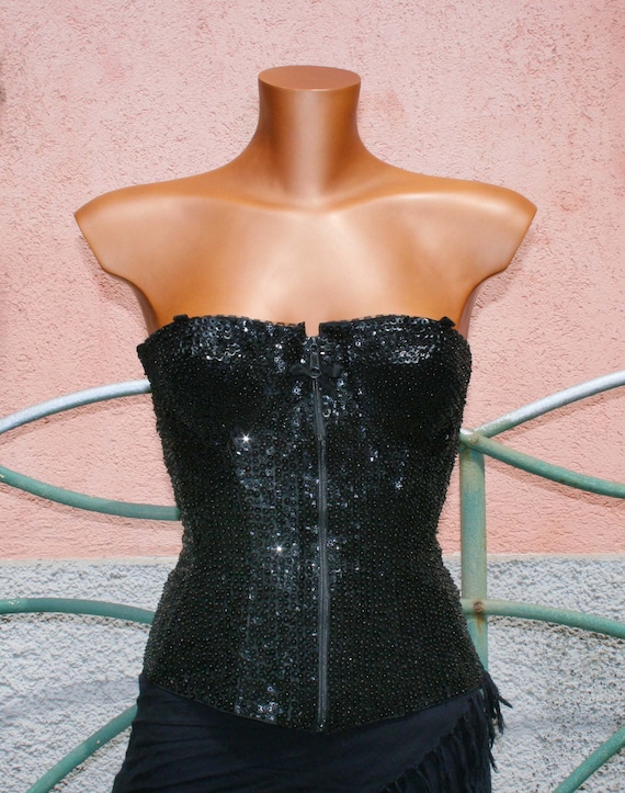 VINTAGE SEXY 85s Black Beads corset TOP /luxury co