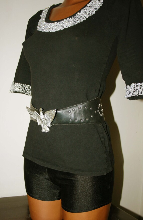 Black BELT LEATHER, eagle buckle / wide belt/ hip… - image 3