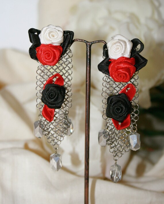 Pendant Silk Roses Earrings white Red Black Color Fashion