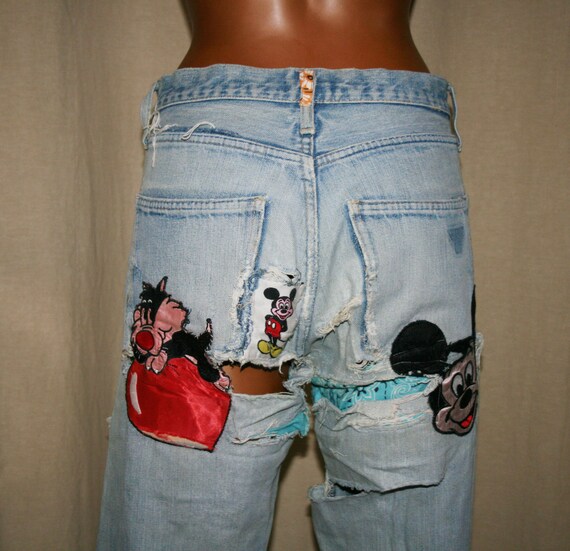 Vintage Denim distressed Pants, Patched Jeans, Wid