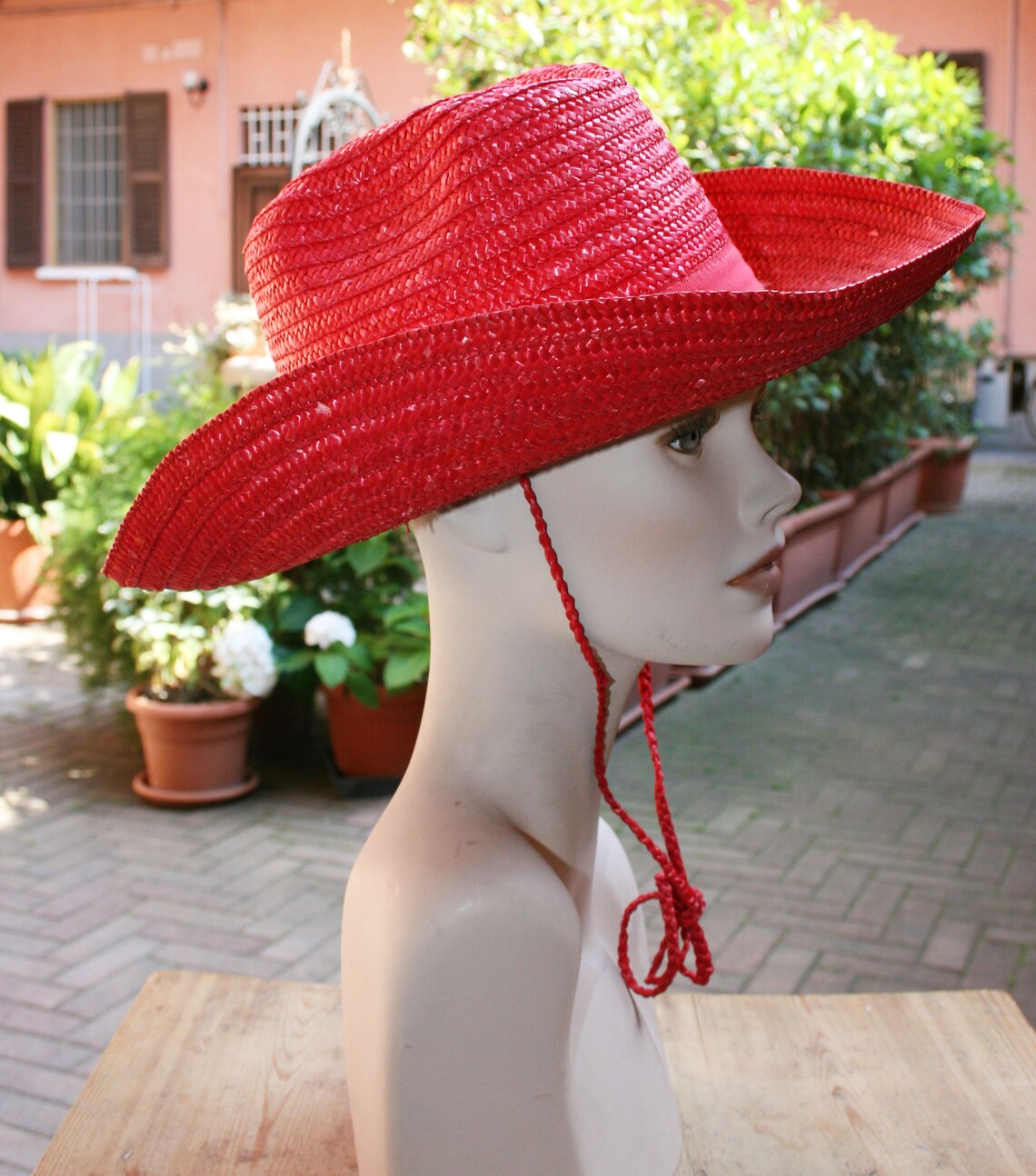 VINTAGE cowboy hat solid red natural straw flat top wide brim Etsy