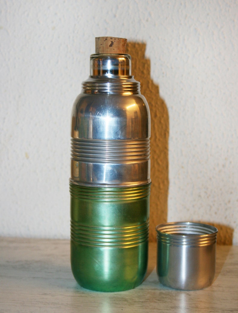 Thermos Bottle 1960 Aluminum Cork Stopper Outdoor Picnics country