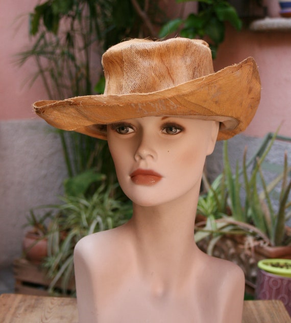 VINTAGE cowboy hat solid natural straw flat top wide brim sun beach boho country western cowgirl festival rancher rodeo Made in Italy