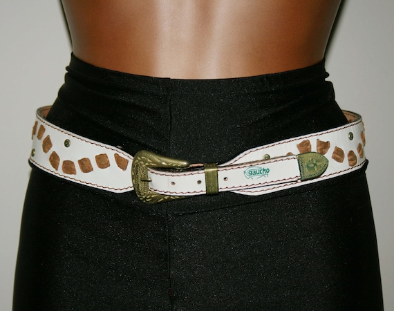 VINTAGE 80s LEATHER white BELT/ Studs belt/Brown l