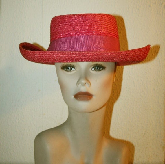 Straw Women's Sun Hat - fuchsia color - cocktail … - image 1