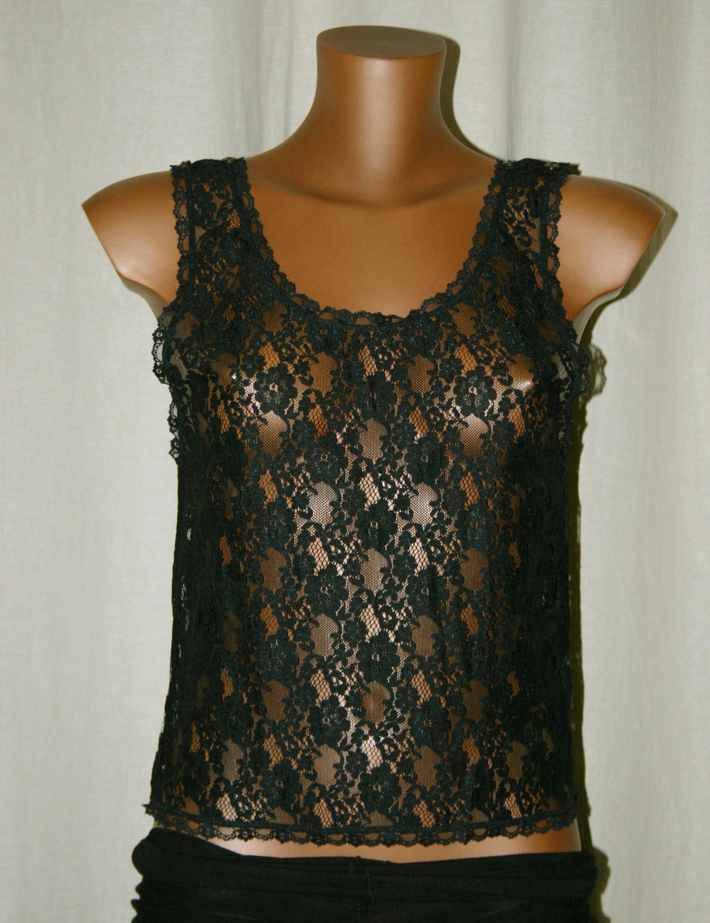 Vintage 80's Embroidered Lace Black Tank Top S