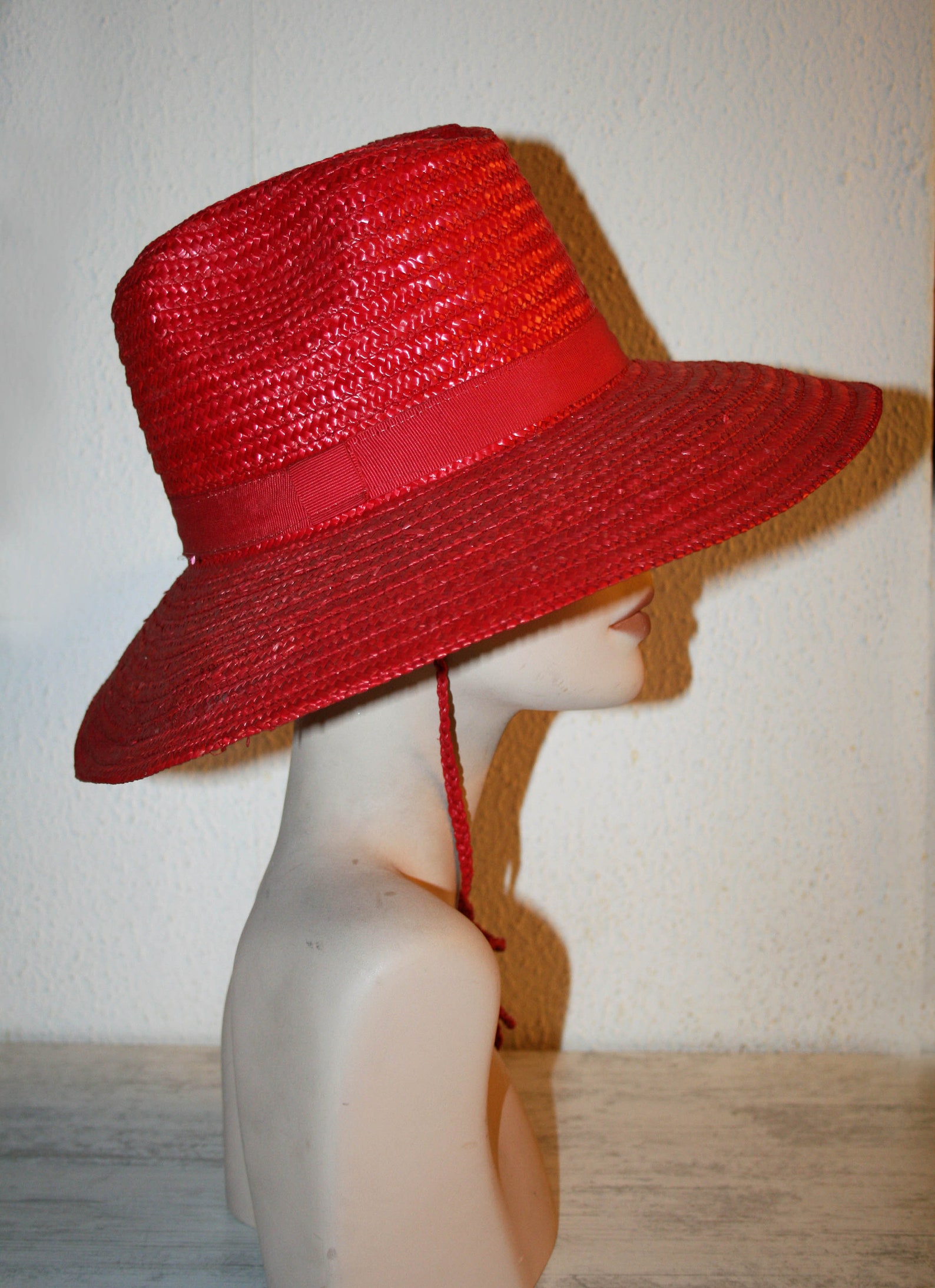 Sun Hat Solid Red Natural Straw Cowboy Style flat Top Wide Etsy