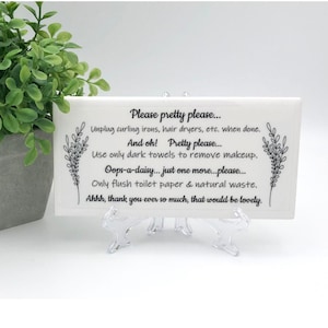 Airbnb Bathroom Sign: Ceramic Tile with Easel - VRBO Decor -Guest restroom signage