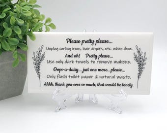 Airbnb Bathroom Sign: Ceramic Tile with Easel - VRBO Decor -Guest restroom signage