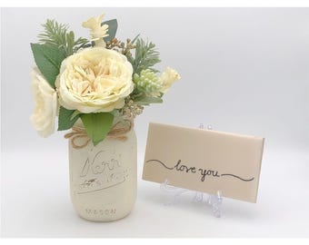 Grandma Gift: Faux Flower Mason Jar Arrangement with Love You sign