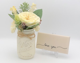 Mother's Day gift flowers with love you sign/Bouquet with mason jar, sign, & easel/Birthday/Moving away gift/Miss you gift/Thinking of you